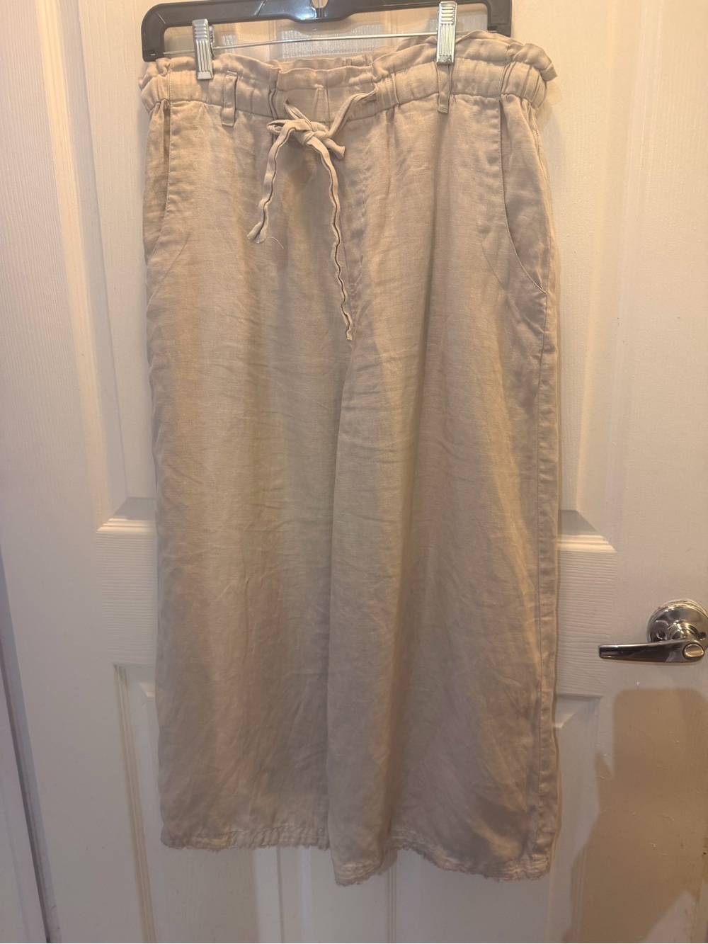 Women’s Beige Drawstring 100% linen wide leg pants